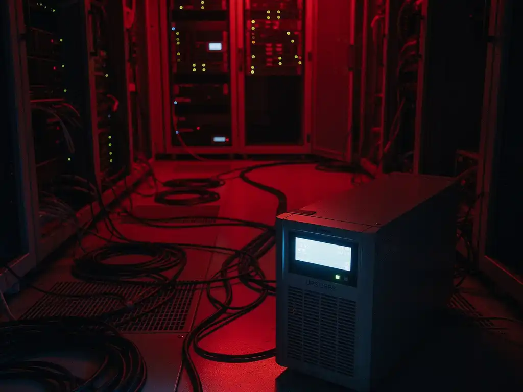 Rack-mounted server met uitdovende indicatorlampjes in donker datacenter, noodverlichting in rood, UPS-batterij op voorgrond.