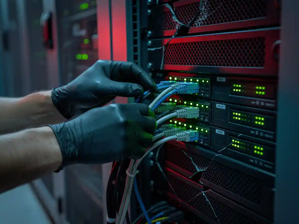 Technicus repareert beschadigd serverrack in donker datacenter, kabels worden aangesloten terwijl indicatielampjes groen oplichten.
