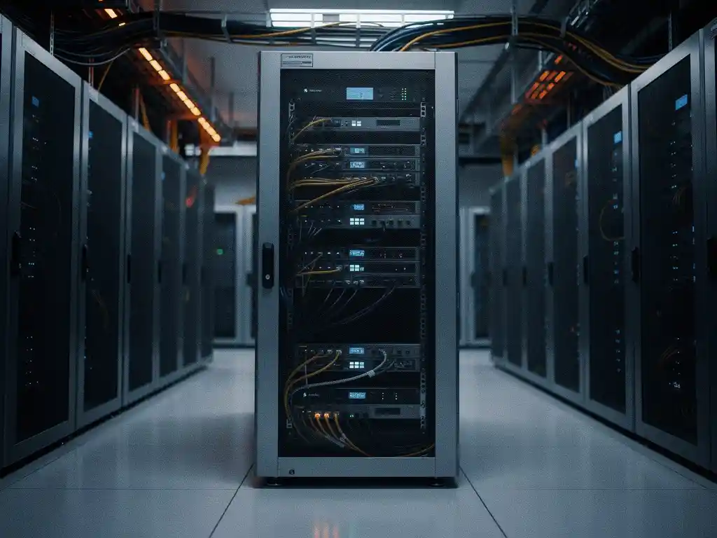 Verlichte serverrack met gloeiende statuslampjes in een donker datacenter, omgeven door geordende kabelbundels en blauwe accentverlichting.