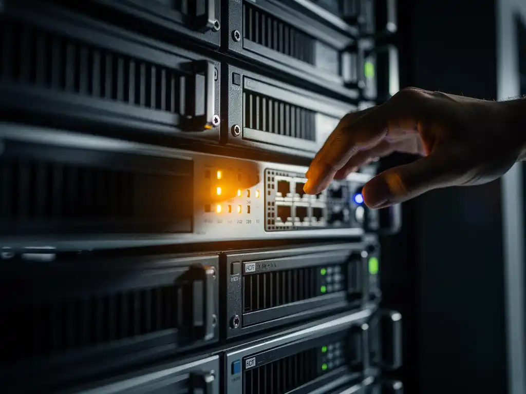 Technicus die een kritieke server herstelt in een donker datacenter, met gloeiende amber statusindicatoren op het serverrek.