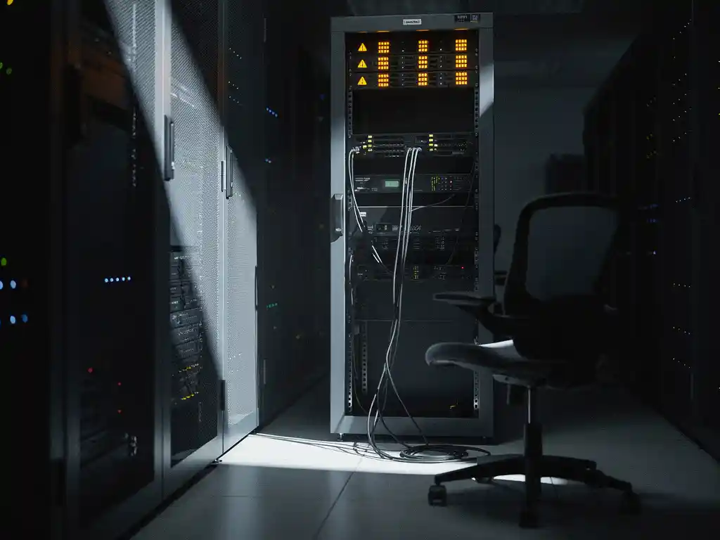 Serverrack met knipperende amberkleurige waarschuwingslichten en loshangende kabel in een verlaten, schemering datacentergang.