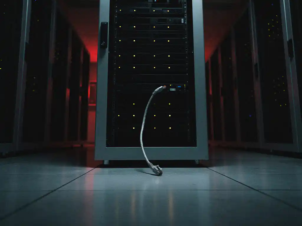 Serverrack met knipperende amberkleurige waarschuwingslichten en loshangende kabel in een donkere datacentercorridor.
