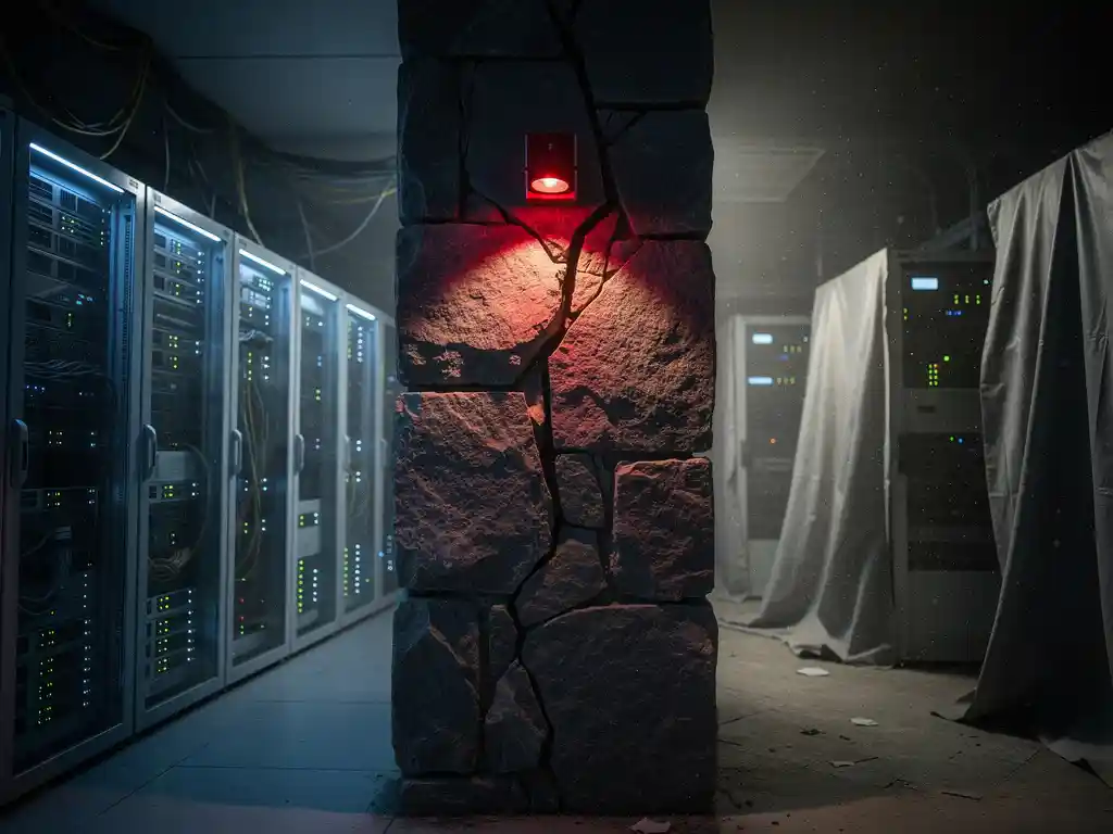 Gebarsten stenen muur verdeelt serverruimte tussen actieve verlichte servers en donkere afgedekte apparatuur onder rood noodlicht.