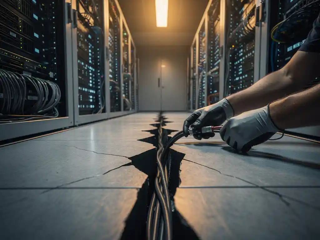 Technicus herstelt noodkabels in serverruimte met actieve rackservers, dramatisch verlicht door amber noodverlichting.