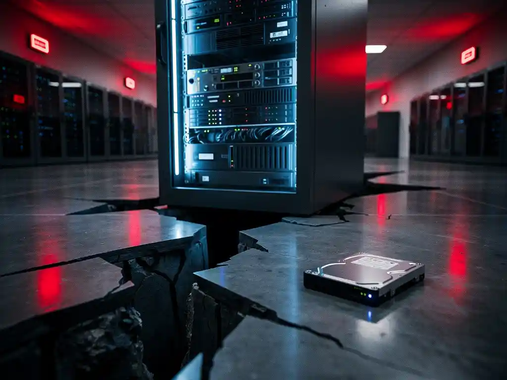 Gebarsten serverruimtevloer onder gloeiend cloudinfrastructuurrek met rood noodlicht en intact reservestation naast de scheur.
