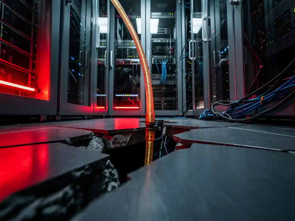 Gebarsten serverruimtevloer onder serverracks verlicht door rood noodlicht, met een gloeiende amber noodstroomkabel.