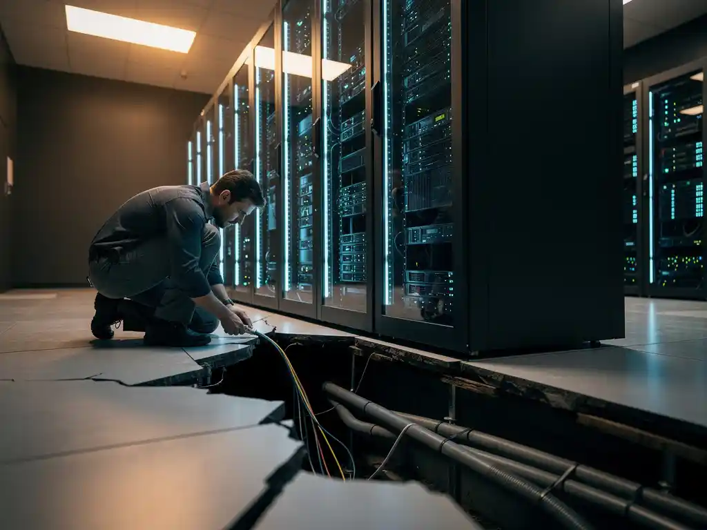 Technicus inspecteert doorgesneden kabel bij gekanteld serverrek in craquelerend serverruimte met blauw en amberkleurig noodlicht.