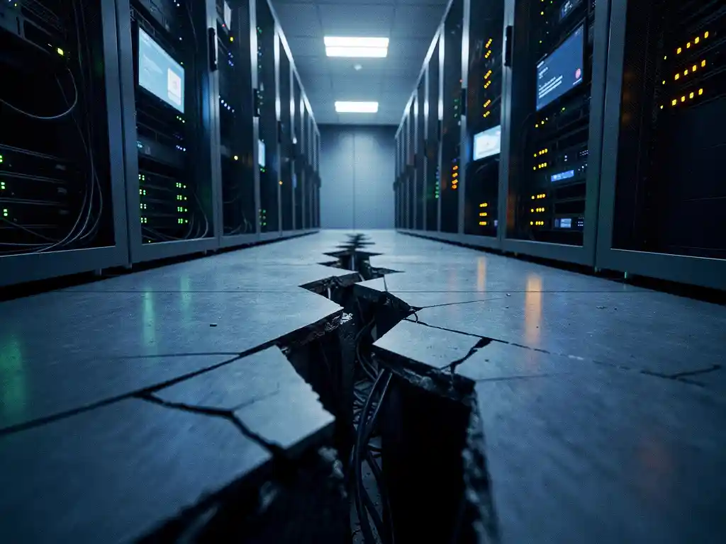 Gebarsten serverruimtevloer met actieve serverracks met groene lampjes aan één kant en herstart-racks met amber waarschuwingslichten aan de andere kant.