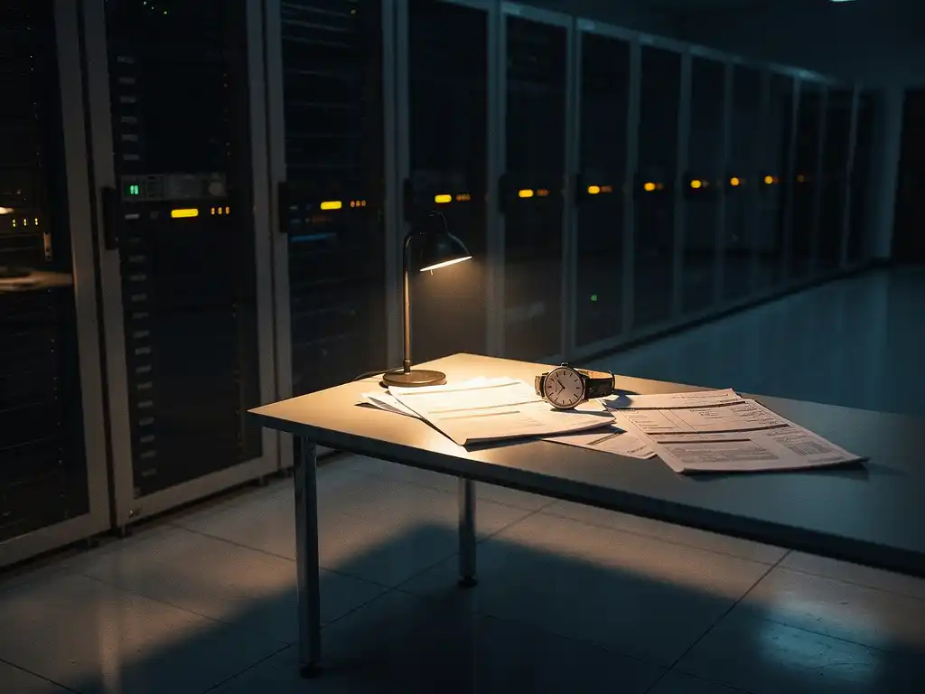 Serverrack met knipperende amberkleurige waarschuwingslichten in donker datacenter, verspreid facturen en stilstaand horloge op de voorgrond.