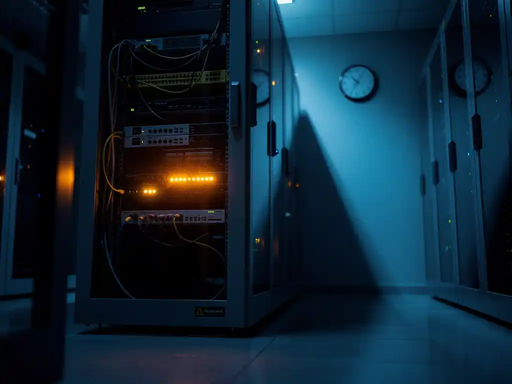 Serverrack met knipperende amber waarschuwingslichten in een donker datacenter, verlicht door blauw noodlicht.