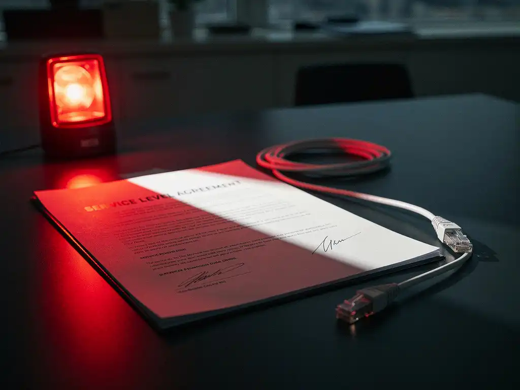 Ondertekend SLA-contract op donker bureau verlicht door rood alarmlicht, met losgekoppelde ethernetkabel ernaast.