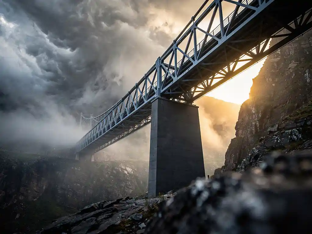Stalen brug over donkere kloof met stormwolken aan één kant en goudkleurig ochtendlicht aan de andere, gezien vanuit de canyon.