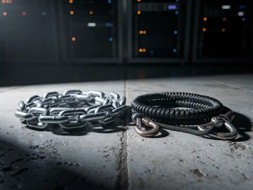 Stalen ketting en opgerolde bungeekoord op betonnen vloer in serverruimte, symboliseren rigide structuur en flexibel herstel.