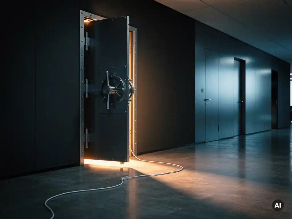 Zware stalen kluisdeur op een kier in moderne kantoorgang, met amber lichtval en ethernet-kabel op betonvloer.