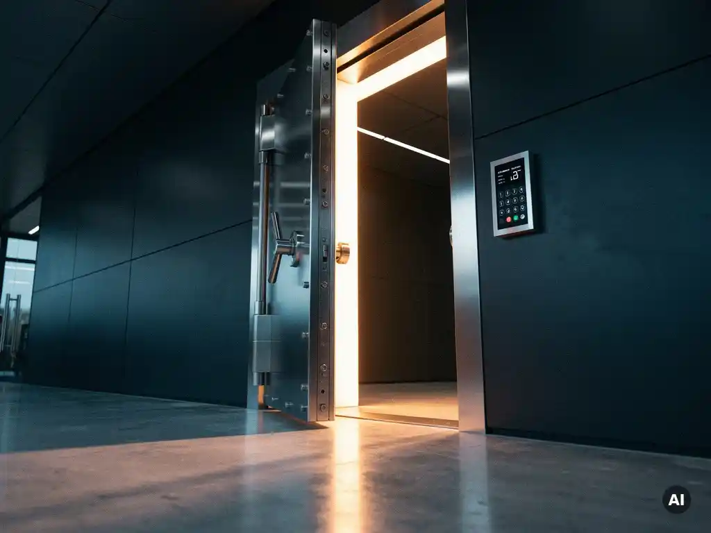 Halfopen stalen kluisdeur in moderne kantoorgang met warm licht, beveiligingskeypad op betonnen muur, dramatische zijverlichting.