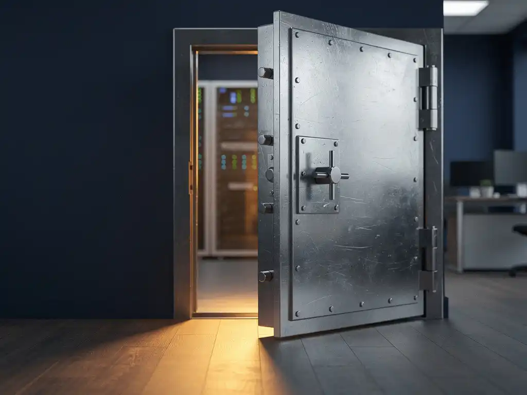 Stalen kluisdeur op een kier in modern kantoor, warm goudkleurig licht valt door de opening op houten vloer, serverracks op achtergrond.