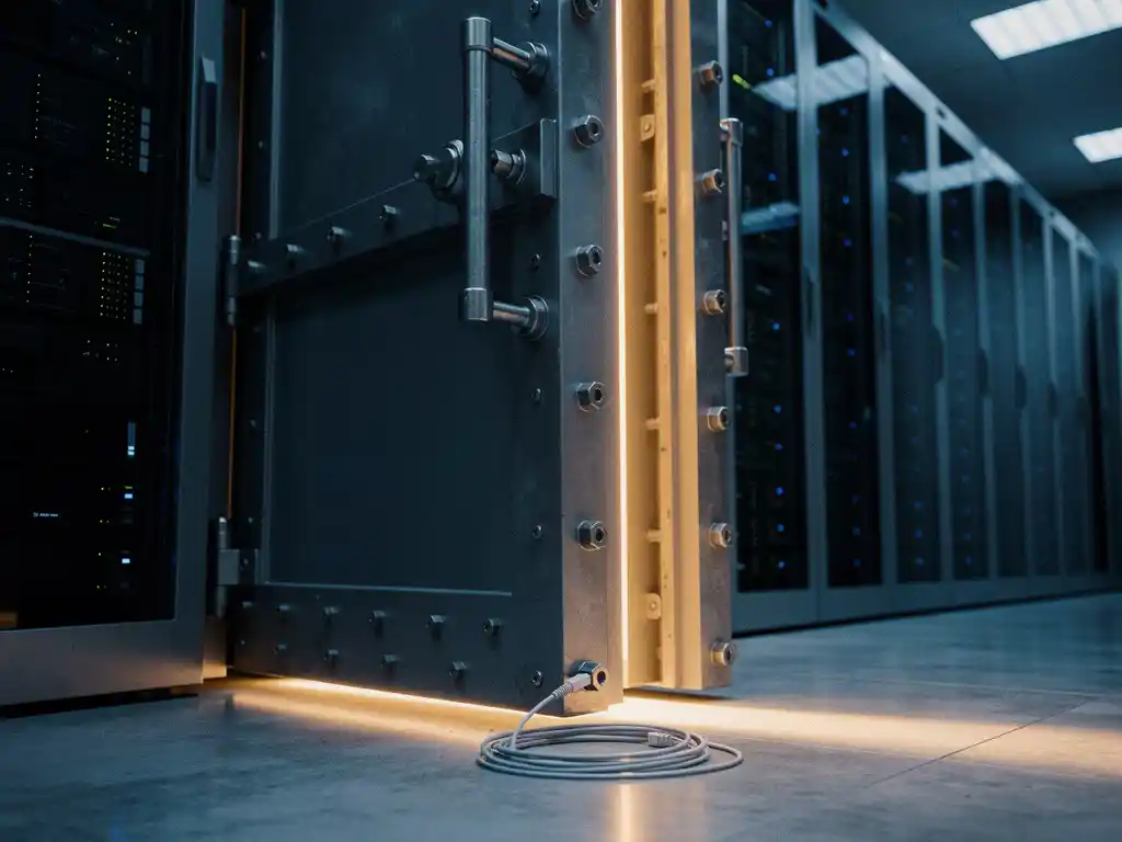 Stalen kluisdeur op een kier in serverruimte, warme amber gloed op betonvloer, donkere serverrekken op de achtergrond.