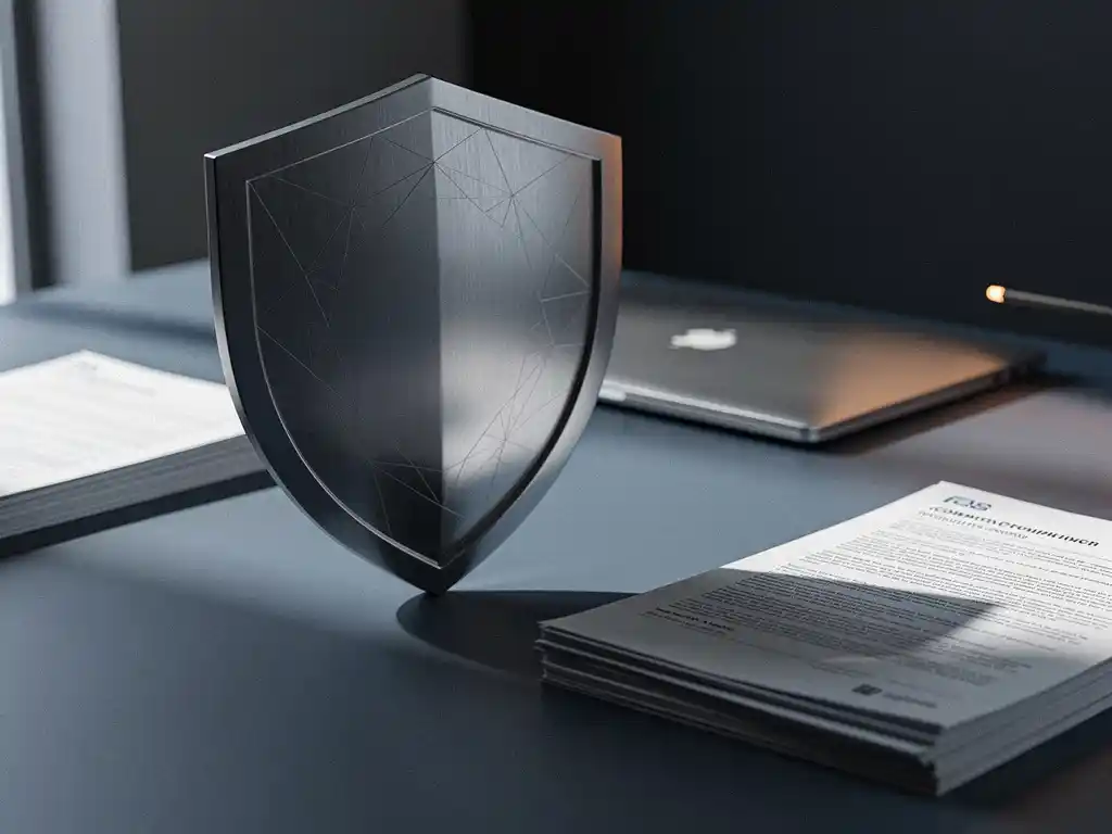 Stalen schild op kantoorbureau omringd door compliance-documenten en laptop, symboliseert zakelijke beveiliging en regelgeving.