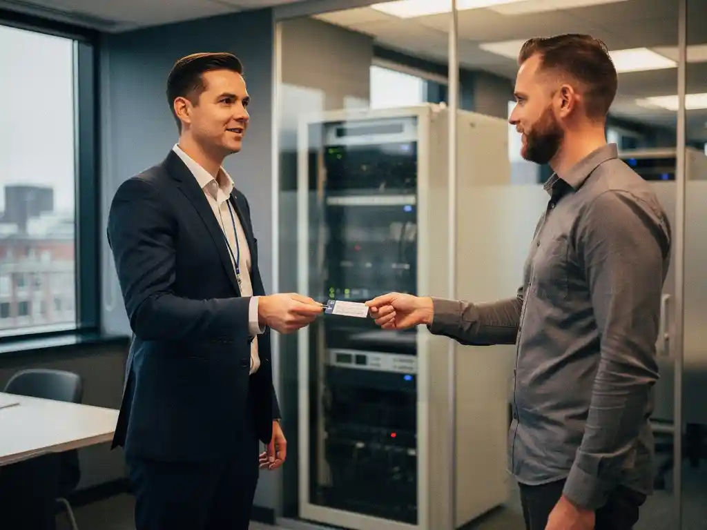 Cybersecurityprofessional overhandigt toegangsbadge aan externe partner in modern Nederlands kantoor met serverruimte op achtergrond.