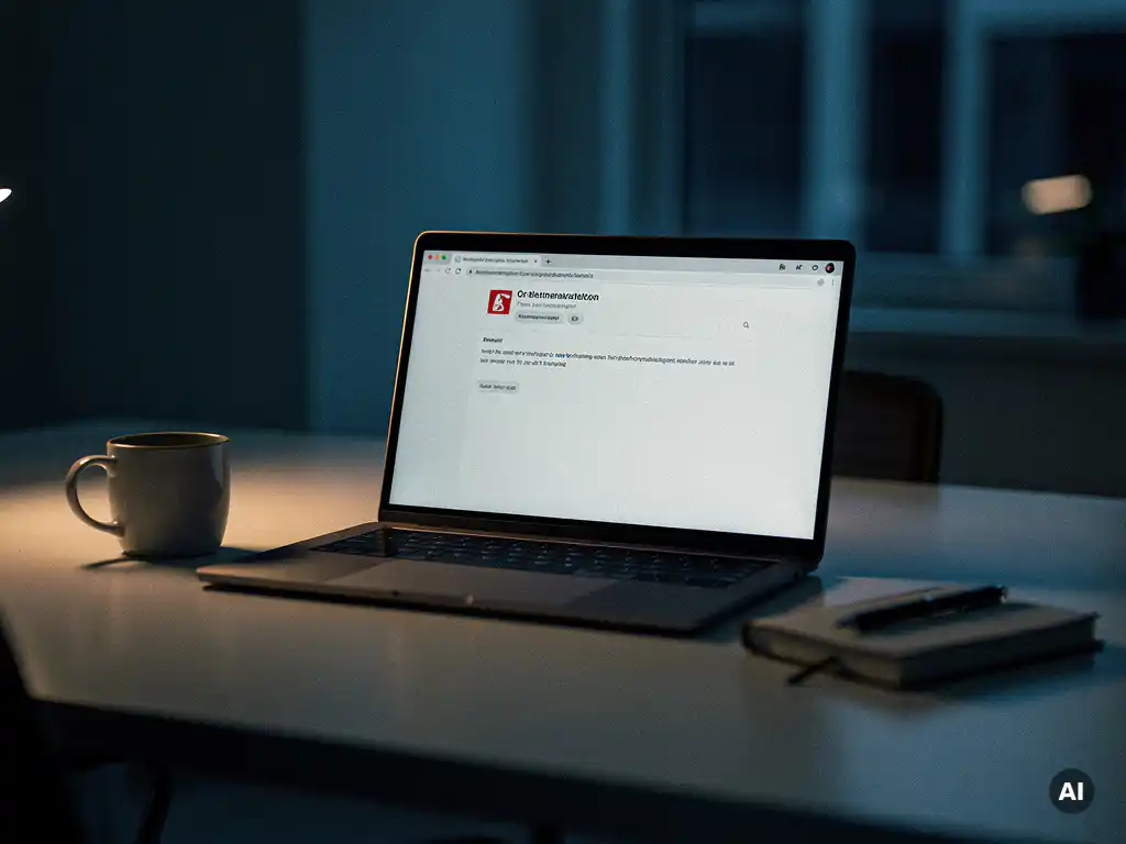 Laptop met verdacht e-mailbericht in modern kantoor, koffiekop en notitieboek op bureau, sfeervolle blauwe kantoorverlichting.